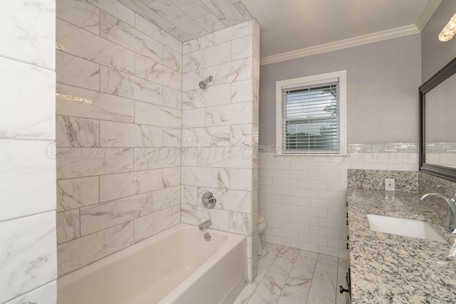 3408 Hawthorne Dr, Amarillo, TX 79109 - bathroom with marble finish flooring, tile walls, ornamental molding, toilet, and bathing tub / shower combination