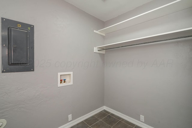3408 Hawthorne Dr, Amarillo, TX 79109 - laundry room featuring electric panel, washer hookup, dark tile patterned floors, and baseboards