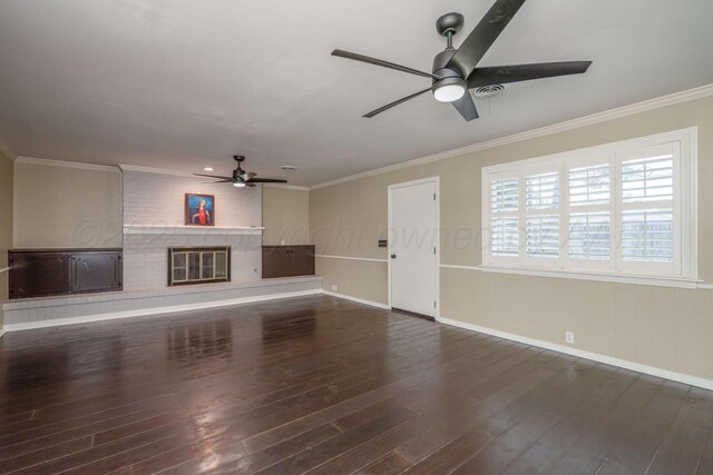 3408 Hawthorne Dr, Amarillo, TX 79109 - unfurnished living room with ceiling fan, wood finished floors, a fireplace, crown molding, and baseboards
