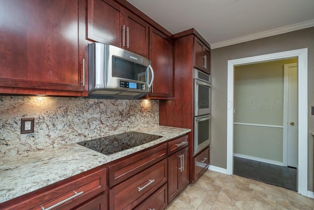 3408 Hawthorne Dr, Amarillo, TX 79109 - kitchen with stainless steel appliances, reddish brown cabinets, ornamental molding, tasteful backsplash, and light stone countertops