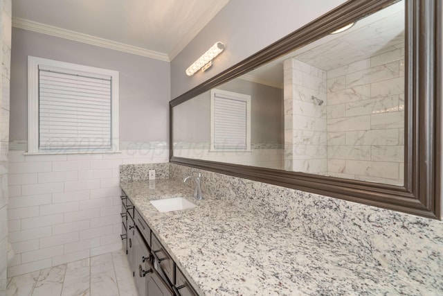 3408 Hawthorne Dr, Amarillo, TX 79109 - bathroom with marble finish floors, vanity, ornamental molding, tile walls, and a tile shower