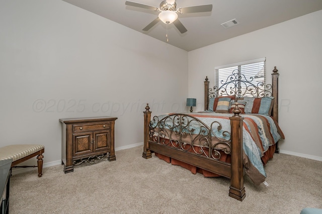 bedroom with ceiling fan, carpet flooring, visible vents, and baseboards