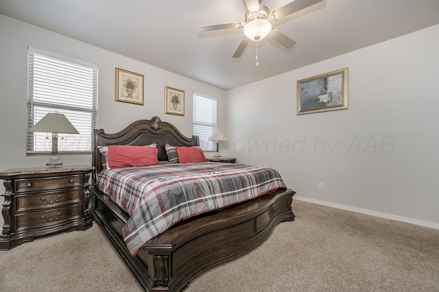 bedroom featuring carpet, ceiling fan, and baseboards