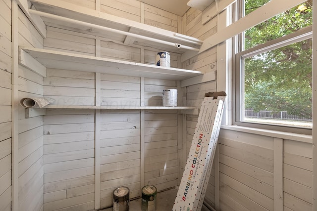 bathroom featuring wooden walls