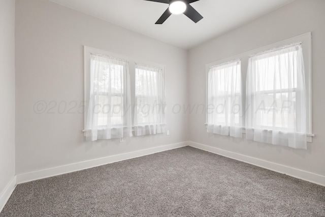 unfurnished room featuring ceiling fan, carpet floors, and a healthy amount of sunlight