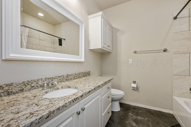 7901 Crestline Dr, Amarillo, TX 79119 - bathroom with vanity, baseboards, toilet, and shower / bath combo with shower curtain