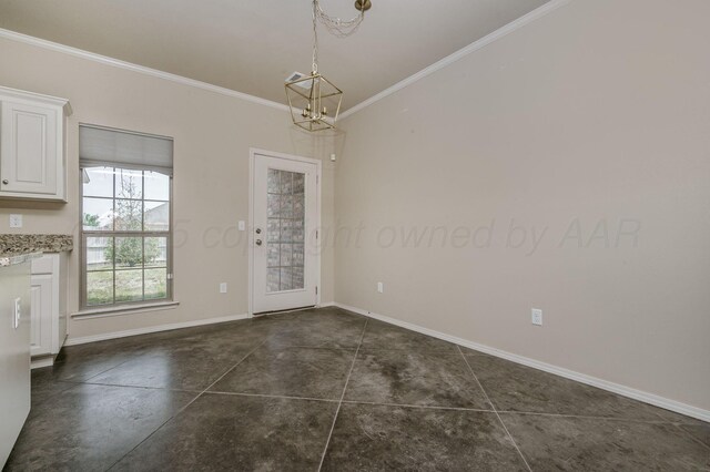 7901 Crestline Dr, Amarillo, TX 79119 - unfurnished dining area with a chandelier, concrete flooring, ornamental molding, and baseboards