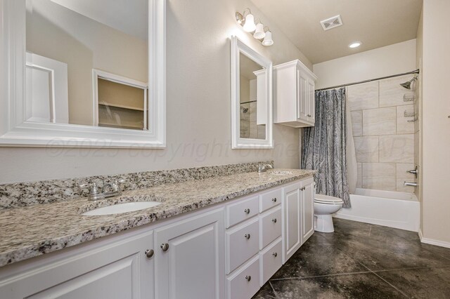7901 Crestline Dr, Amarillo, TX 79119 - bathroom with toilet, shower / bath combination with curtain, and double vanity