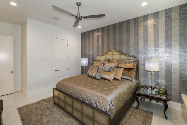 bedroom with baseboards, a ceiling fan, recessed lighting, and marble finish floor