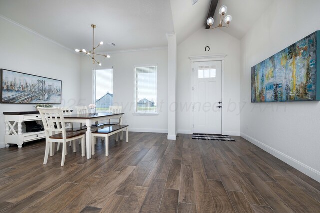 foyer entrance featuring wood finished floors, vaulted ceiling with beams, and an inviting chandelier