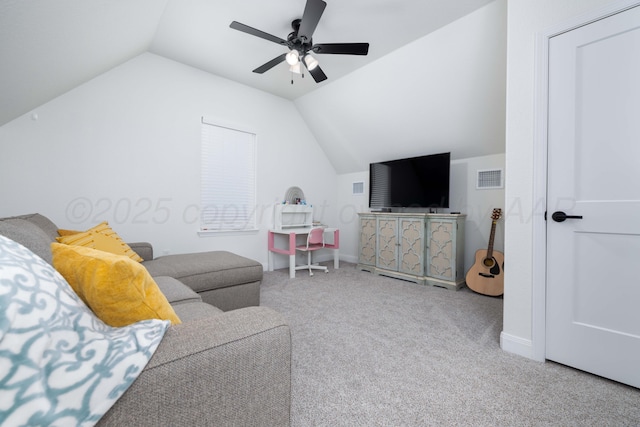 carpeted living room featuring lofted ceiling, baseboards, a ceiling fan, and visible vents