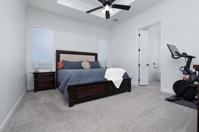 bedroom featuring visible vents, carpet flooring, and crown molding