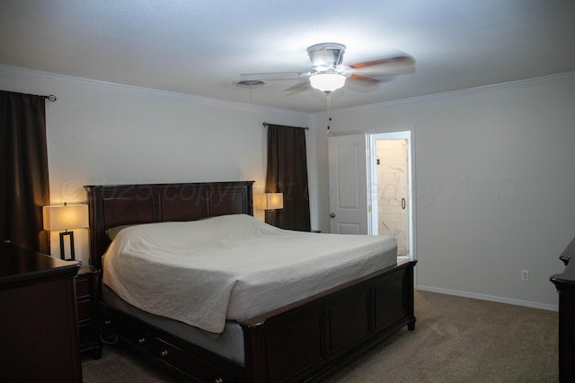 1403 Charles Ave, Panhandle, TX 79068 - bedroom featuring light carpet, ornamental molding, ceiling fan, and connected bathroom