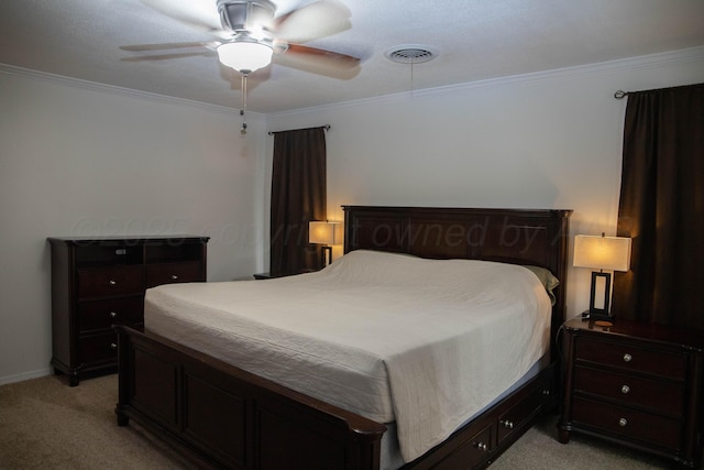1403 Charles Ave, Panhandle, TX 79068 - bedroom with light carpet, ornamental molding, and ceiling fan