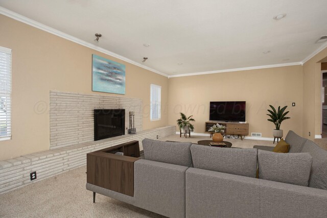 5506 Everett Ave, Amarillo, TX 79106 - carpeted living room with ornamental molding and a brick fireplace