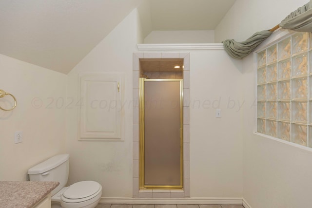 full bathroom with tile patterned floors, toilet, baseboards, lofted ceiling, and a shower stall