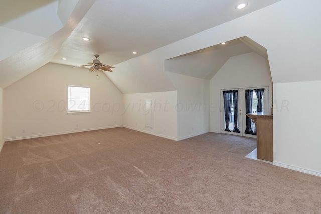 bonus room featuring recessed lighting, lofted ceiling, and carpet flooring