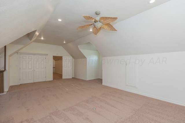 bonus room featuring recessed lighting, carpet, vaulted ceiling, baseboards, and ceiling fan