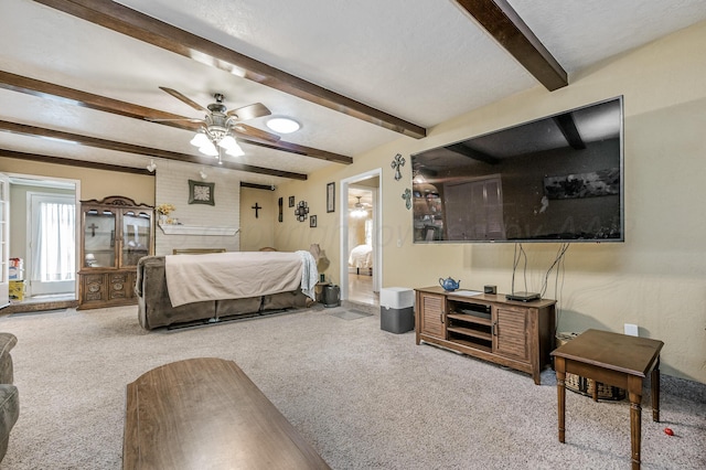 7216 Gainsborough Rd, Amarillo, TX 79106 - bedroom featuring carpet, beamed ceiling, and a ceiling fan