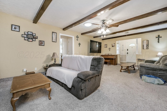 7216 Gainsborough Rd, Amarillo, TX 79106 - carpeted living area featuring beamed ceiling and ceiling fan
