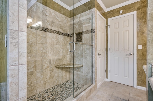 7216 Gainsborough Rd, Amarillo, TX 79106 - full bathroom featuring crown molding, a shower stall, and tile patterned flooring