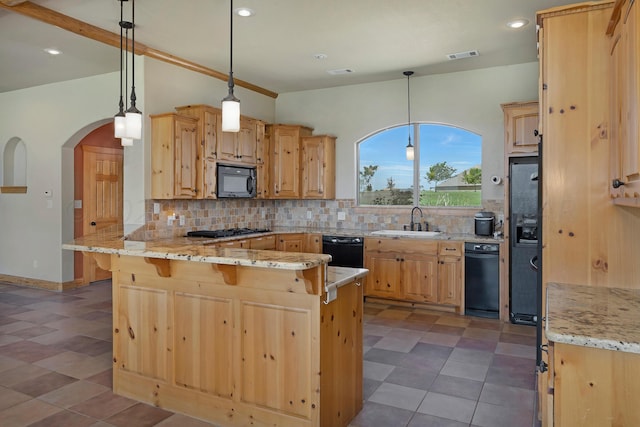 kitchen featuring pendant lighting, black appliances, sink, tasteful backsplash, and kitchen peninsula