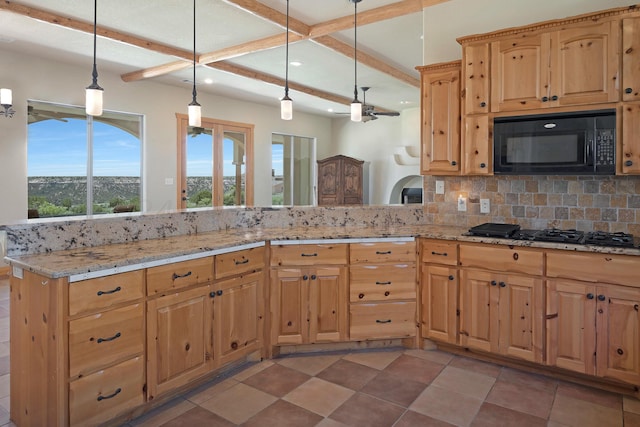 kitchen featuring light stone countertops, tasteful backsplash, beamed ceiling, pendant lighting, and black appliances