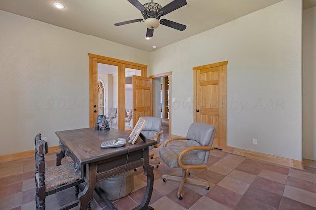 home office with tile patterned flooring, french doors, and ceiling fan