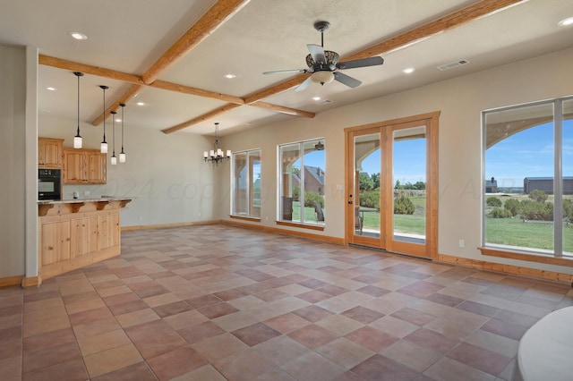 unfurnished living room with beamed ceiling, ceiling fan with notable chandelier, and tile patterned floors