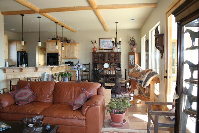 tiled living room with beam ceiling