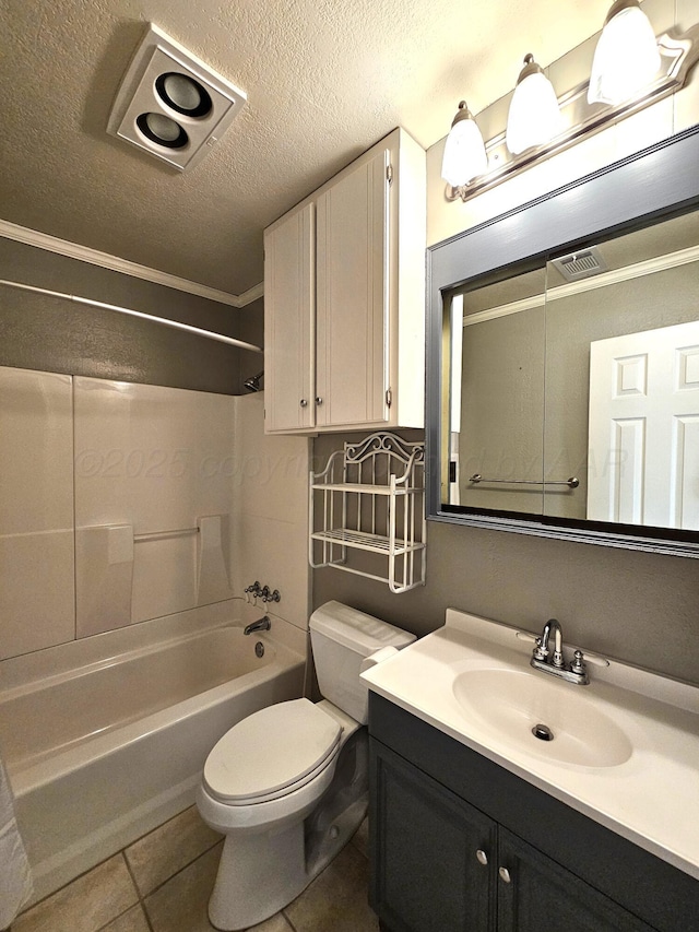 full bath with toilet, shower / bathing tub combination, tile patterned floors, a textured ceiling, and vanity