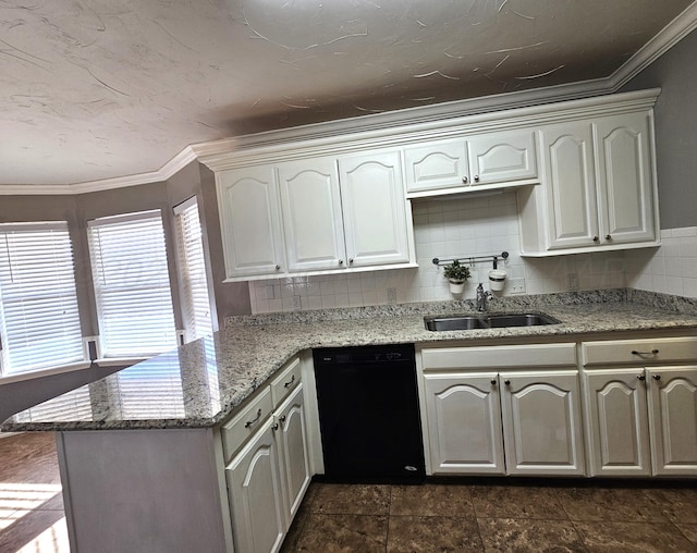 kitchen with a peninsula, crown molding, black dishwasher, and a sink