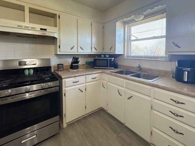 kitchen with wood-type flooring, sink, ornamental molding, appliances with stainless steel finishes, and white cabinetry