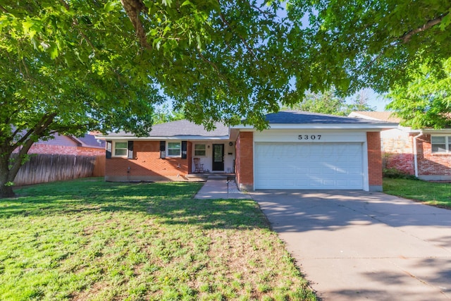 ranch-style house featuring brick siding, a garage, concrete driveway, and covered porch