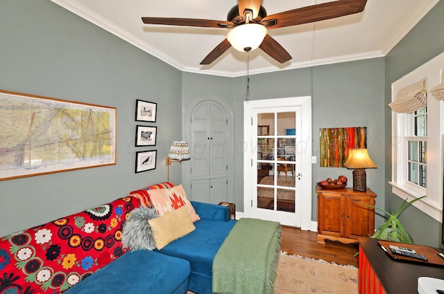 2215 S Hughes St, Amarillo, TX 79109 - bedroom featuring ornamental molding, wood finished floors, and ceiling fan