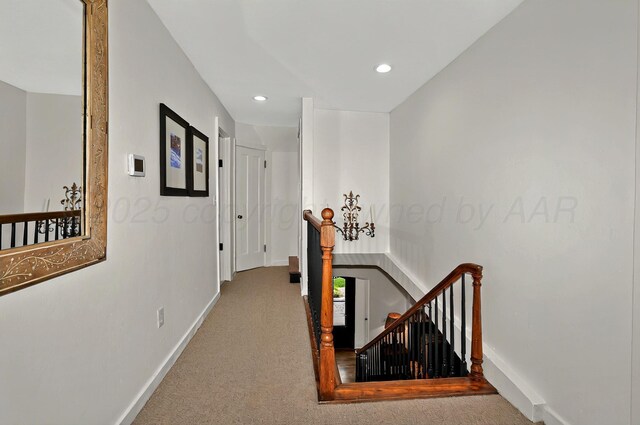 2215 S Hughes St, Amarillo, TX 79109 - corridor featuring an upstairs landing, baseboards, carpet floors, and recessed lighting