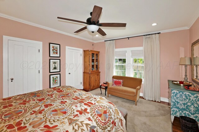 2215 S Hughes St, Amarillo, TX 79109 - bedroom with ornamental molding, recessed lighting, a ceiling fan, and baseboards