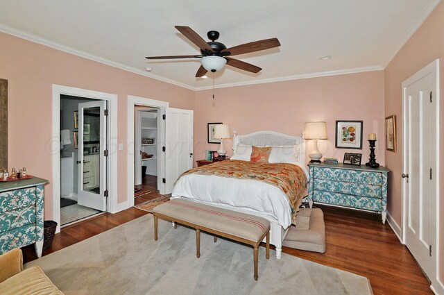 2215 S Hughes St, Amarillo, TX 79109 - bedroom featuring wood finished floors, crown molding, baseboards, and ceiling fan