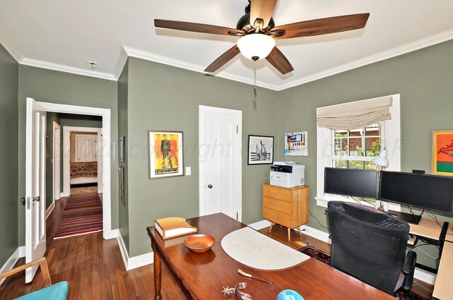 2215 S Hughes St, Amarillo, TX 79109 - office featuring crown molding, wood finished floors, ceiling fan, and baseboards