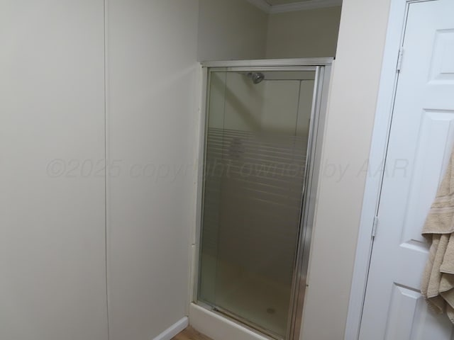 bathroom with crown molding and a stall shower