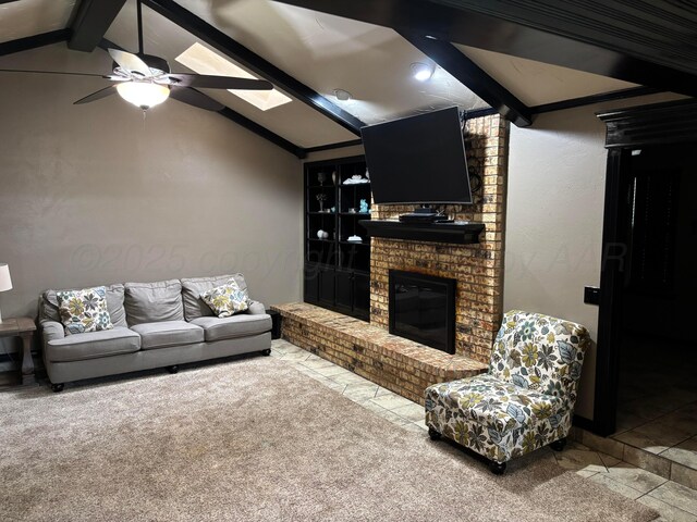 7810 Farrell Dr, Amarillo, TX 79121 - carpeted living room with ceiling fan and a fireplace