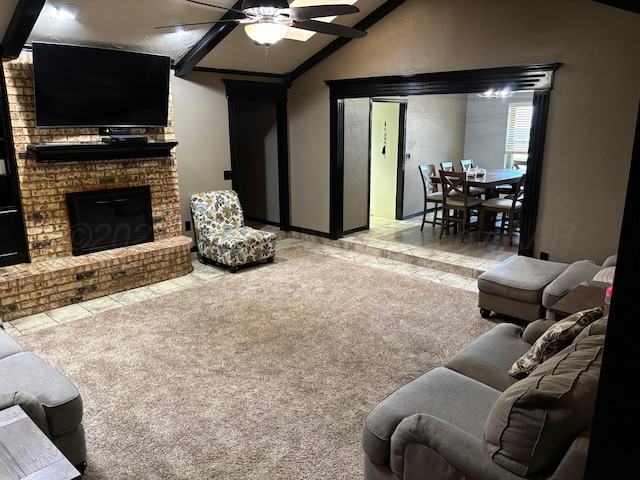 7810 Farrell Dr, Amarillo, TX 79121 - carpeted living area with ceiling fan, vaulted ceiling, a brick fireplace, and tile patterned floors