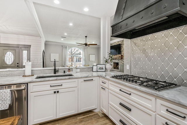 kitchen featuring premium range hood, appliances with stainless steel finishes, sink, and light stone counters