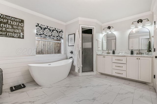 bathroom featuring independent shower and bath, ornamental molding, and vanity