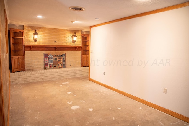 unfurnished living room featuring built in features and ornamental molding