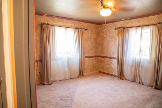 empty room featuring a healthy amount of sunlight, ornamental molding, and light carpet