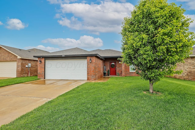 4908 Gloster St, Amarillo, TX 79118 - ranch-style house with concrete driveway, an attached garage, a front yard, brick siding, and roof with shingles