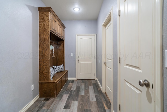 mudroom with dark wood-style floors and baseboards