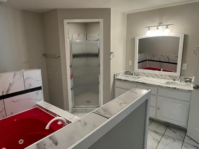 3601 NE 13th Ave, Amarillo, TX 79107 - bathroom featuring marble look tile flooring, vanity, a shower stall, and a tub with jets