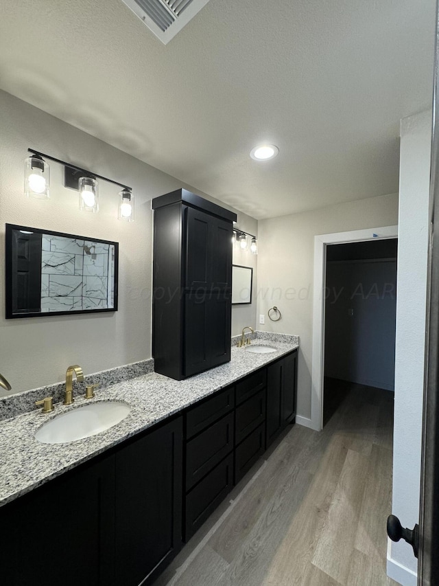 bathroom with wood-type flooring and vanity